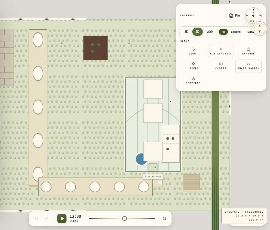 The 2D plan of the same garden, fill style, with a scale bar and dimensions