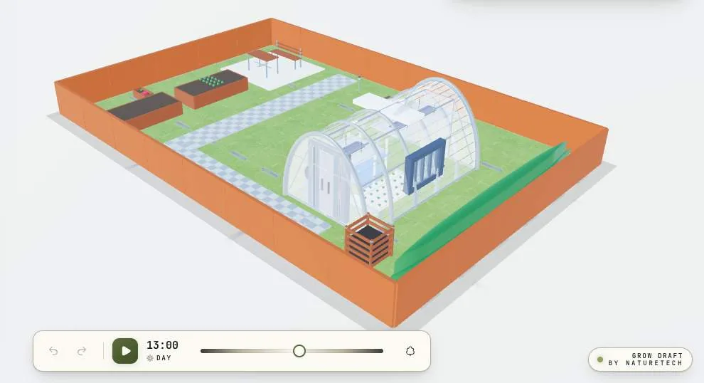 The GrowDraft 3D editor showing a yard with raised beds, paths and a greenhouse