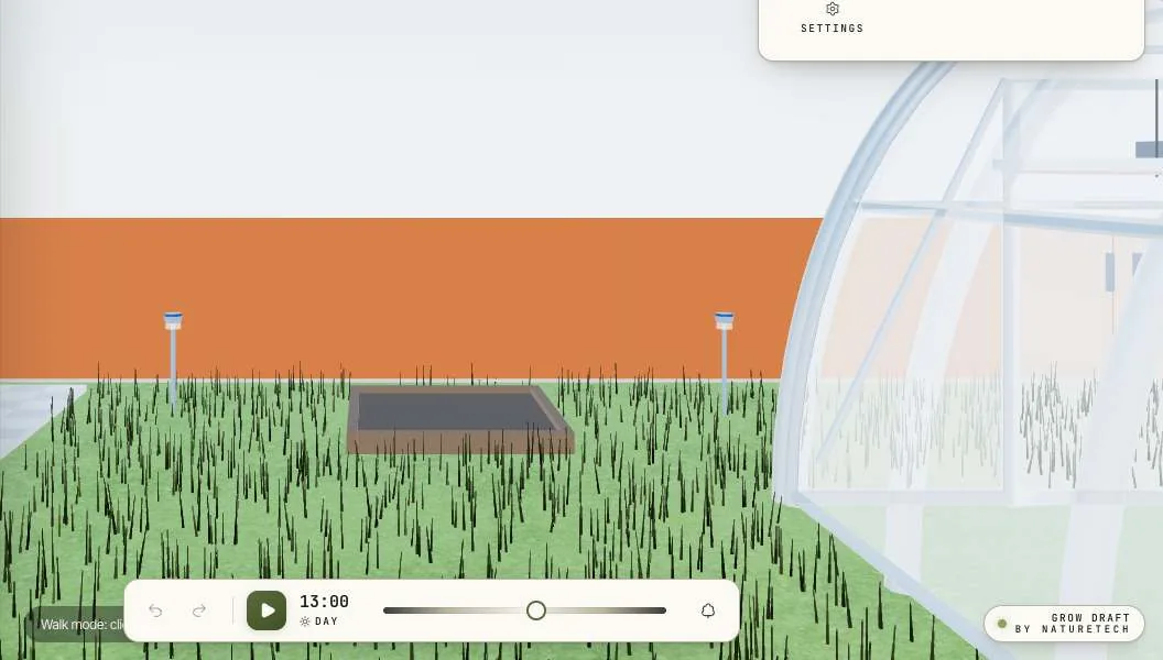 The same garden at eye level in first person: fence, beds and the greenhouse edge
